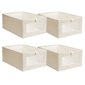 4Pcs Foldable Linen Clothing Storage Bin with Visible Clear Window Convenient Handle Multipurpose Collapsible Storage Basket Closet Fabric Contai